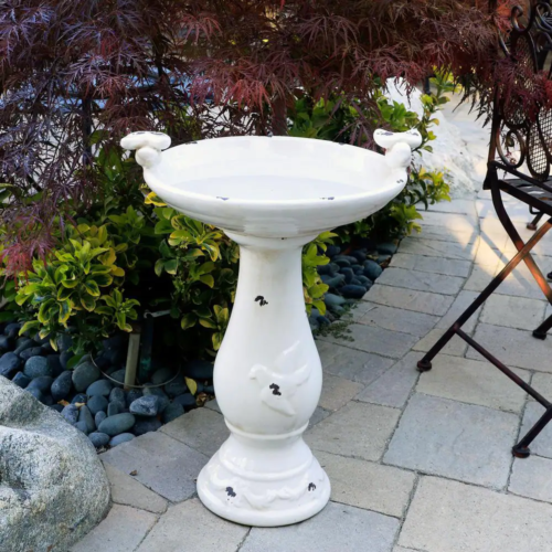 24 In. Tall Outdoor Antique Ceramic Birdbath with Bird Figurines Yard Statue, Li