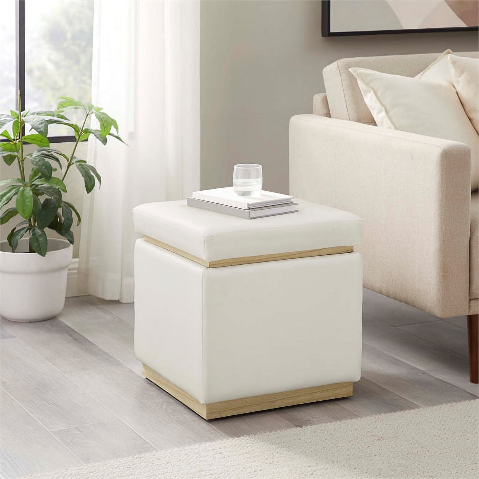 Linon Hawn Square Wood Upholstered Ottoman in White