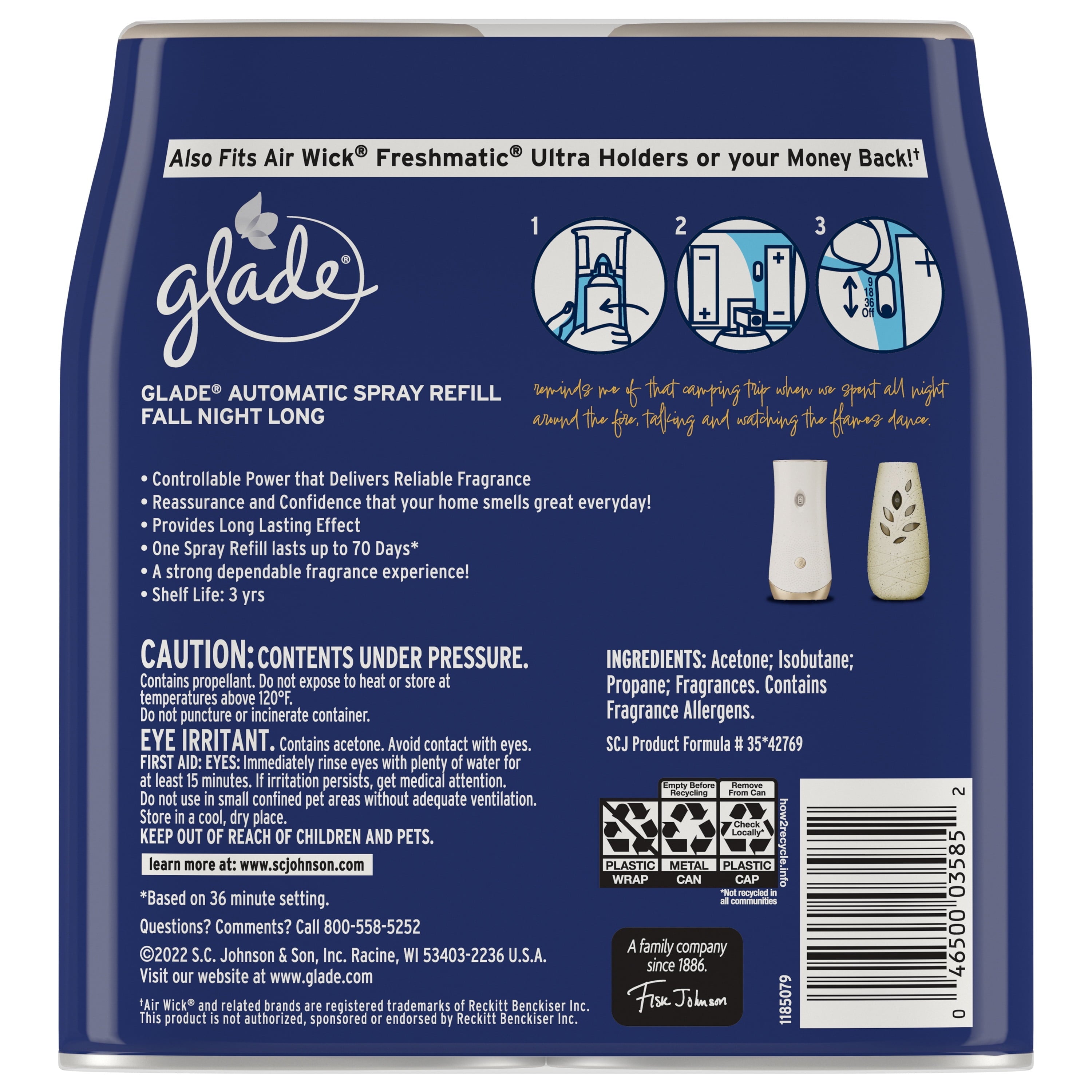 Glade Automatic Spray Refill, Air Freshener, Fall Night Long, 2 x 6.2 oz