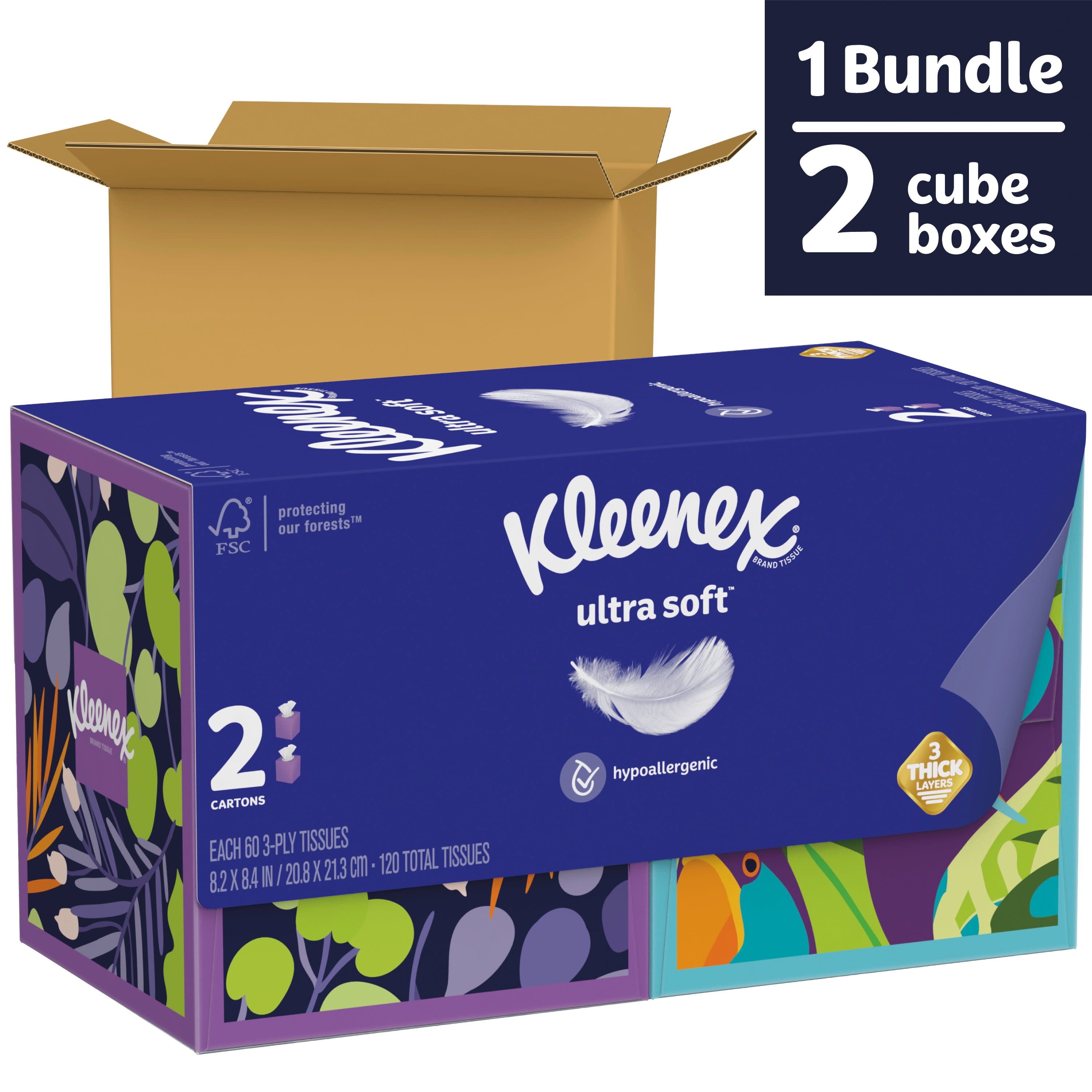 Kleenex Ultra Soft Facial Tissues, 2 Cube Boxes, 60 White Tissues per Box, 3-Ply