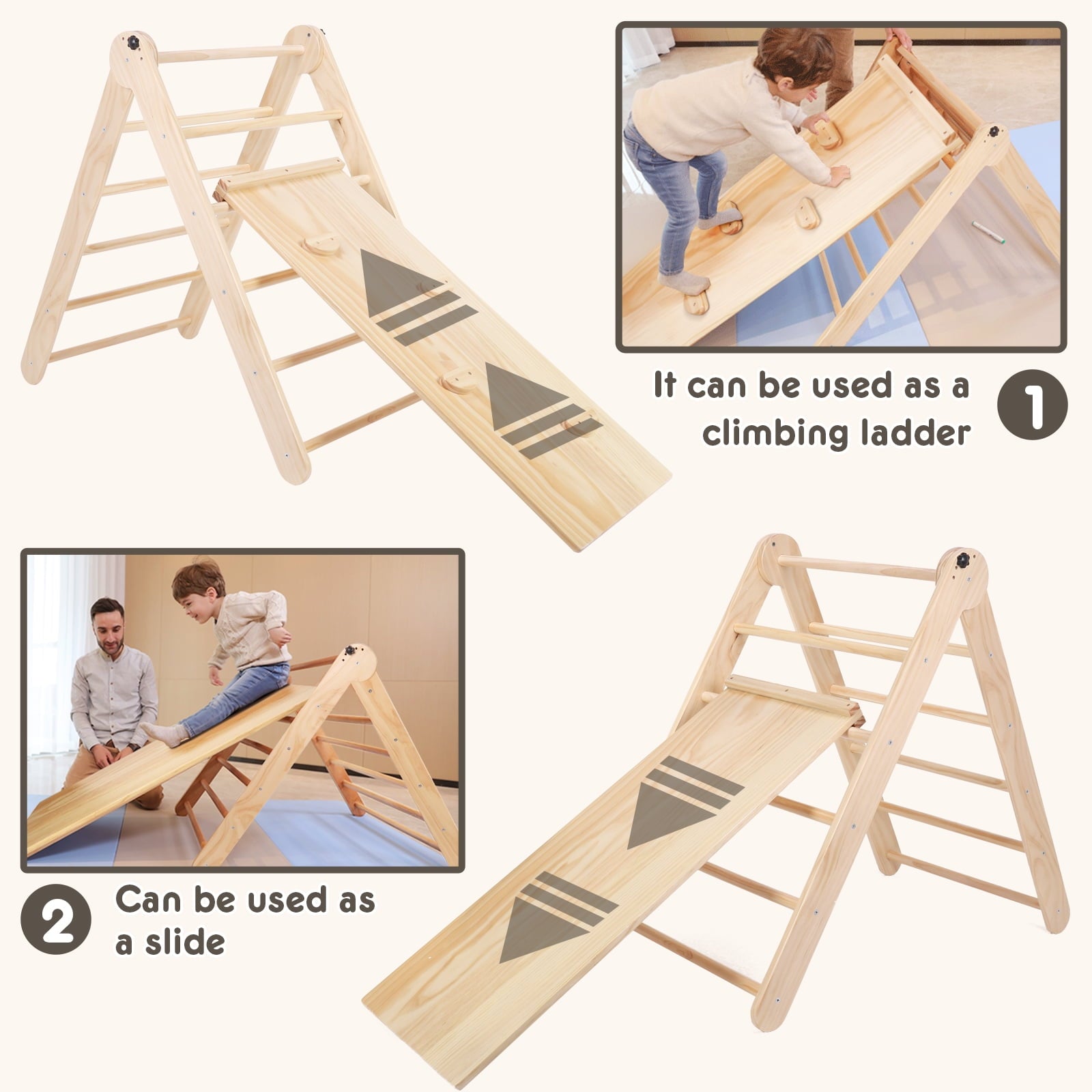 HARPPA Foldable Pikler Triangle 2-in-1 Climbing Triangle Arch with Ramp and Slide, Adjustable Angle Climbing Toys Indoor Playground Wooden Montessori Gym Set for Kids Toddlers 1-4 Years Old