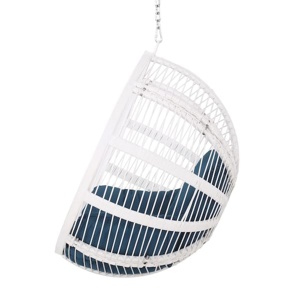 Thieroff 45 in. White Rope Weave Hanging Basket Chair with Dark Teal Cushions (NO STAND)