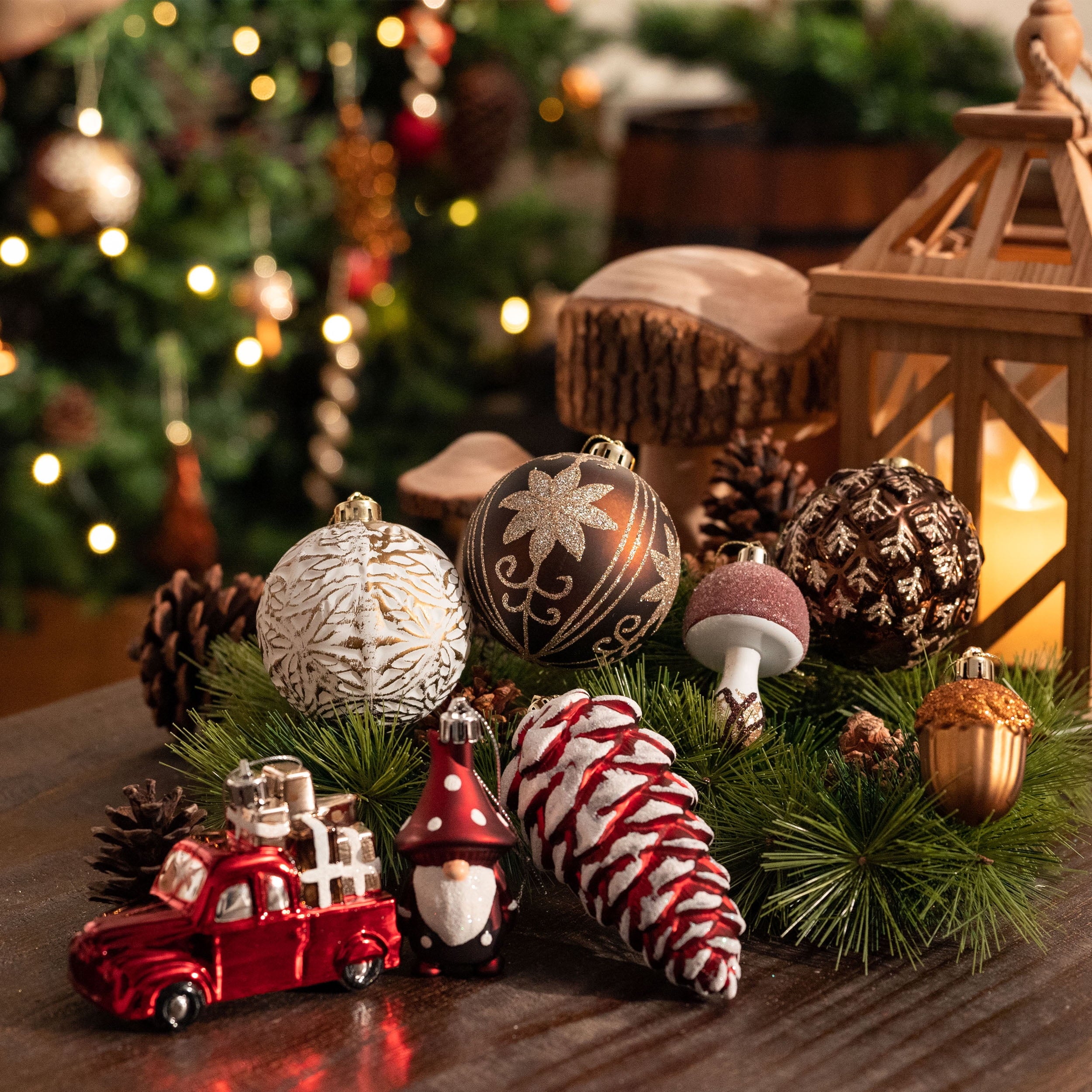 Valery Madelyn 60ct Christmas Tree Ornaments Set, Red White Copper Shatterproof Christmas Tree Decorations Bulk, Rustic Decorative Hanging Ball Ornaments for Xmas Trees Holiday Party Decor