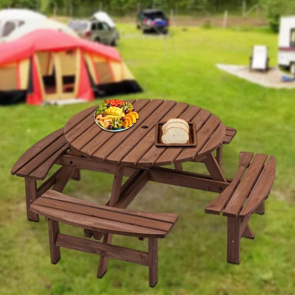 43.3 in. 8-Person Brown Circular Wooden Outdoor Picnic Table for Patio, Backyard, Garden, DIY with 4 Built-In Benches