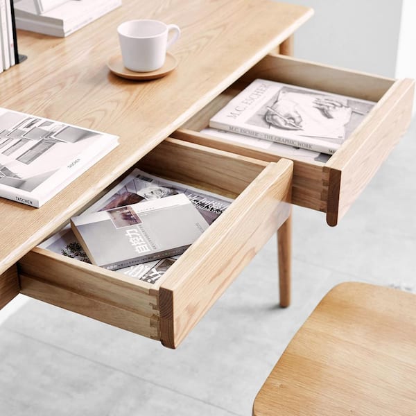 31.50 in. 100% Solid Wood Natural Wood Computer Desk Study Desk Dining Table with 2-Drawers