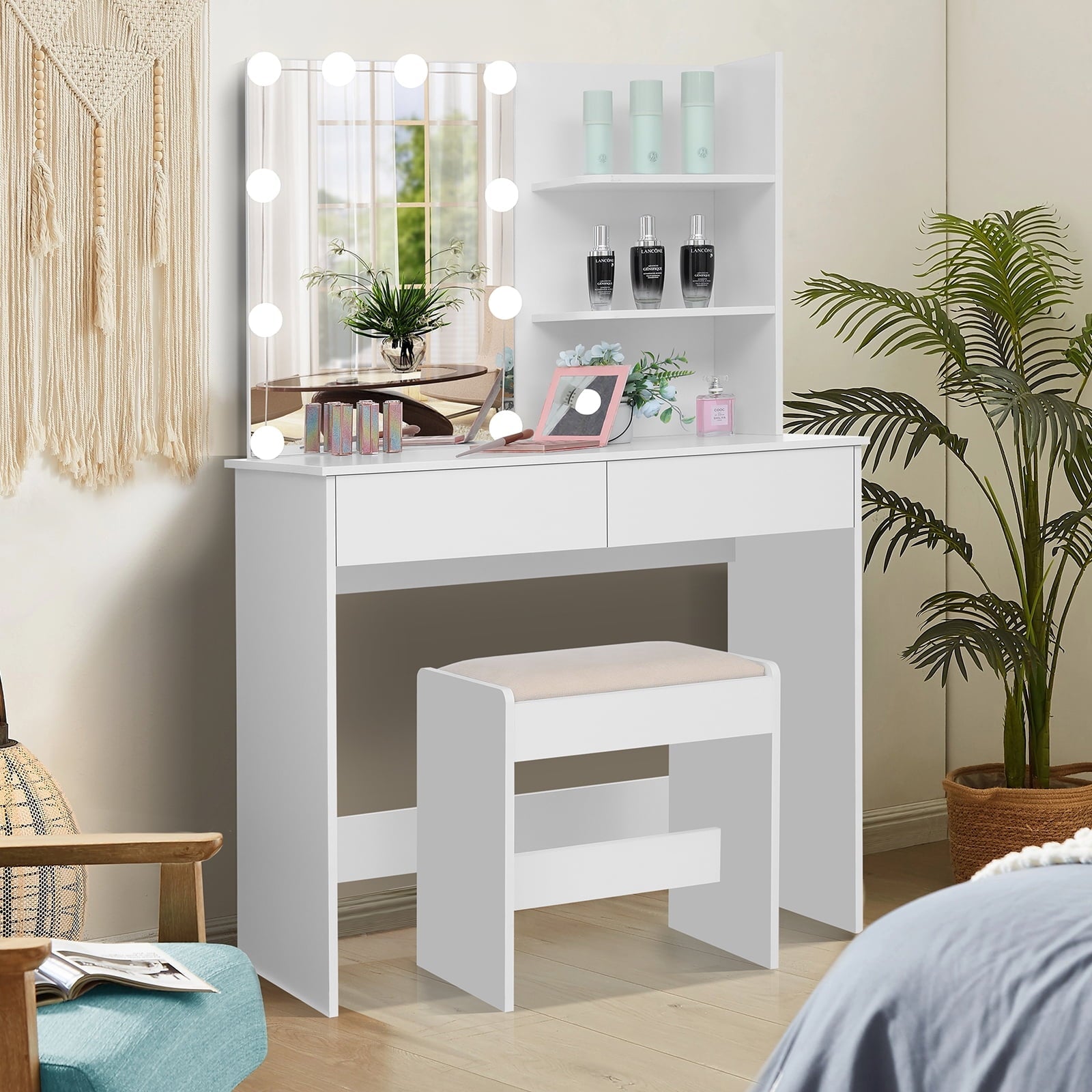 USIKEY Vanity Table Set for Gift with 10 Hollywood Style Lights, Dressing Vanity Table with 2 Long Shelves and 2 Big Drawers, Makeup Table with Cushioned Stool for Women, Girls, Bedroom, White