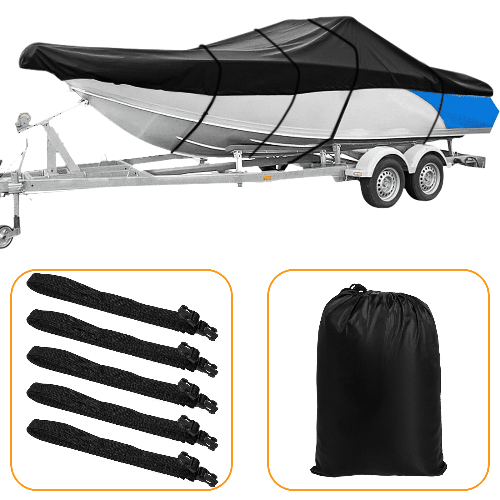 17-19ft Trailerable 210D Waterproof Boat Cover Fits V-Hull,TRI-Hull,Trailer,Pro-Style,Fishing Ski,Runabout,Bass Boat with Strap