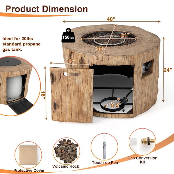 40 in. Stone Metal Round Propane Gas Fire Pit Table Wood-Like Surface with Laval Rock PVC Cover