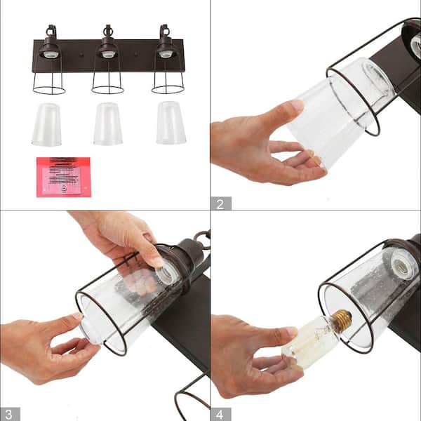 Farmhouse Rustic Oil-Rubbed Bronze Vanity Light, 22 in. 3-Light Cage Bathroom Wall Sconce with Seeded Glass Shades