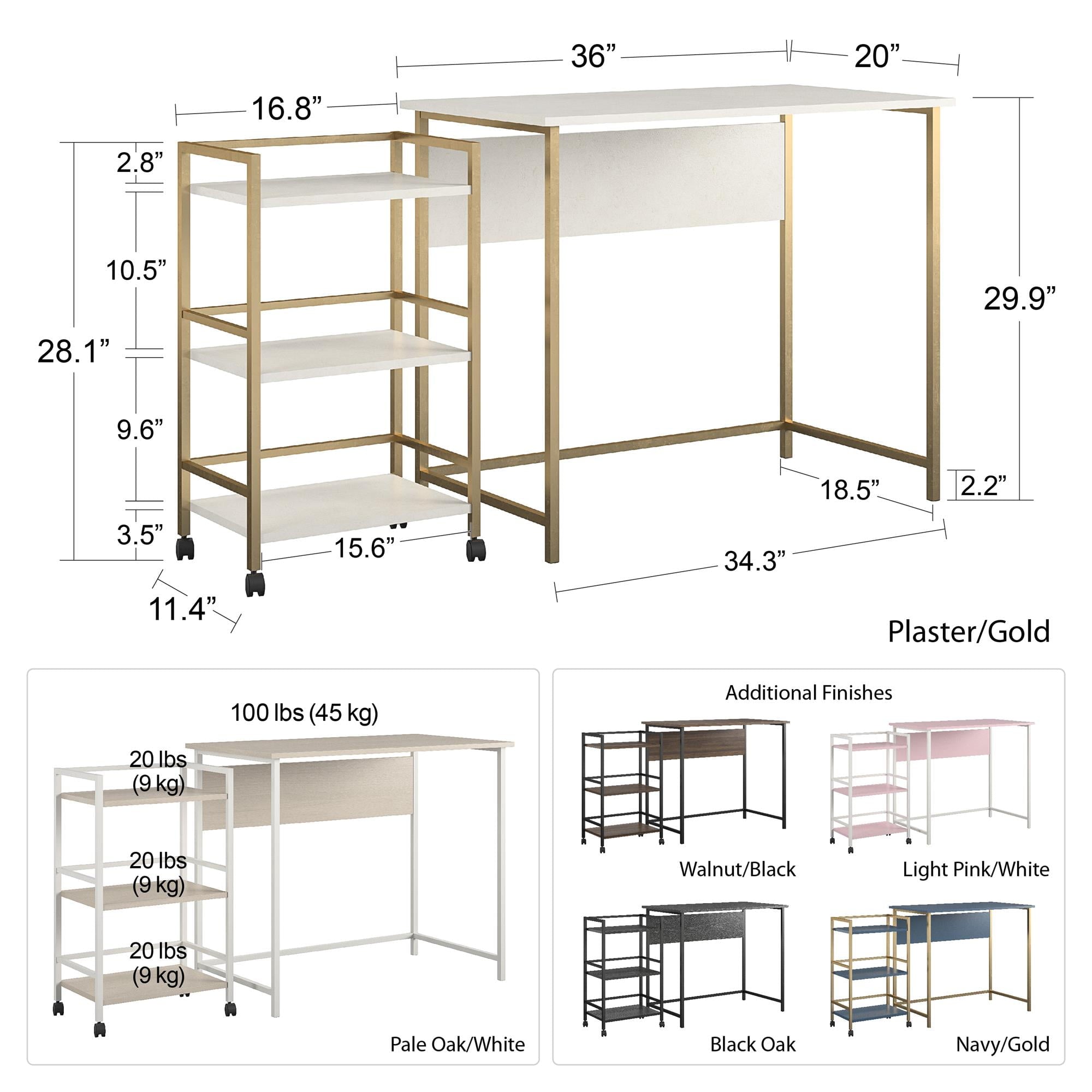 Mainstays Bryant Desk with Rolling Cart, Pale Oak/White