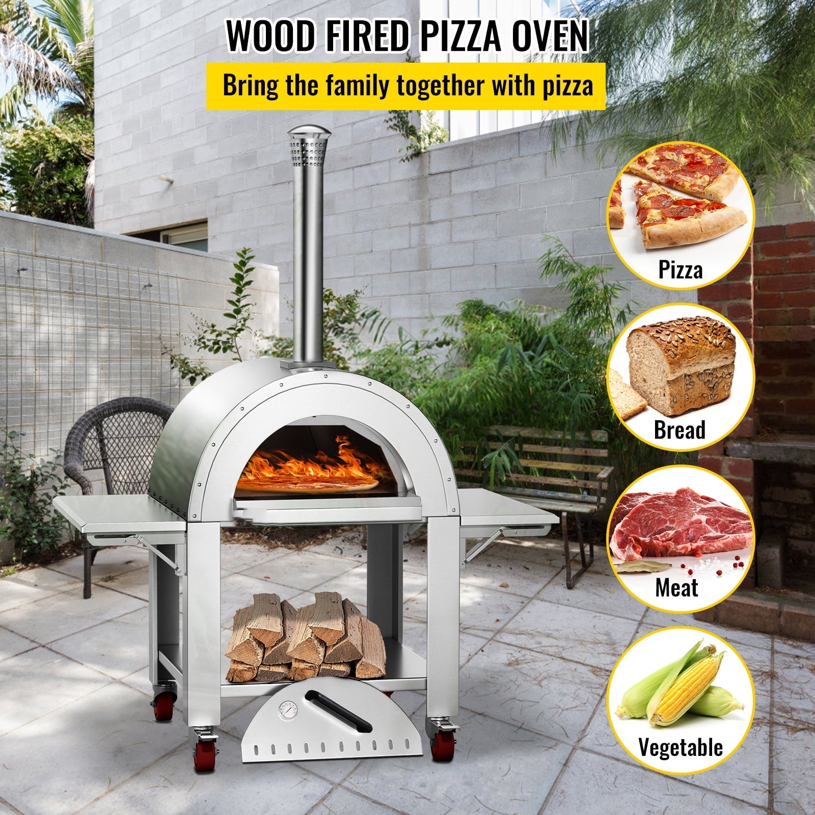 BENTISM Outdoor Pizza Oven Wood Fired Pizza Oven Movable Stainless Steel 32