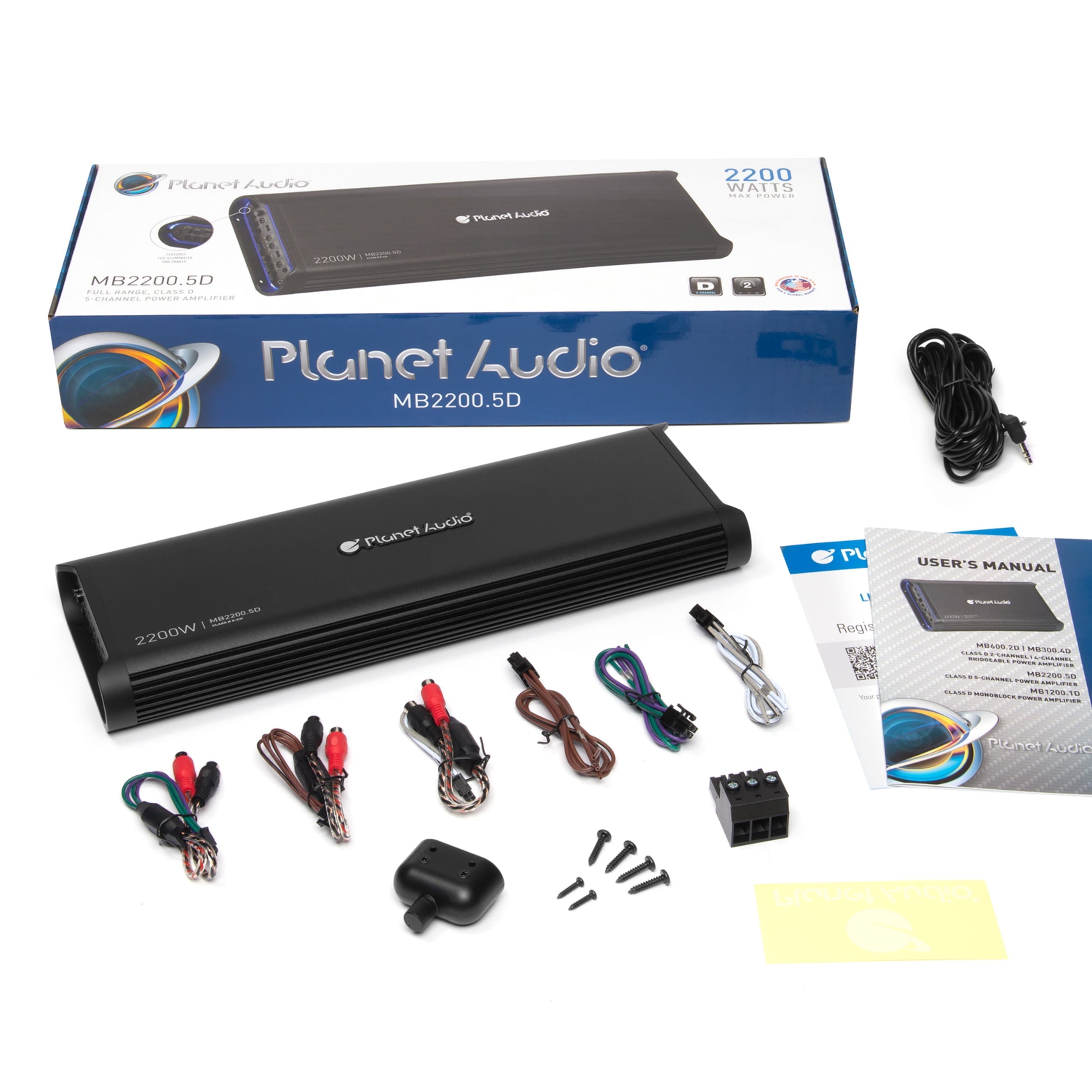 Planet Audio MB2200.5D Mini Bang Series Car Audio Amplifier - 2200 High Output, 5 Channel, Class D, 2 Ohm, Low/High Level Inputs, Low/High Pass Crossover, Full Range, Hook Up To Stereo and Subwoofer