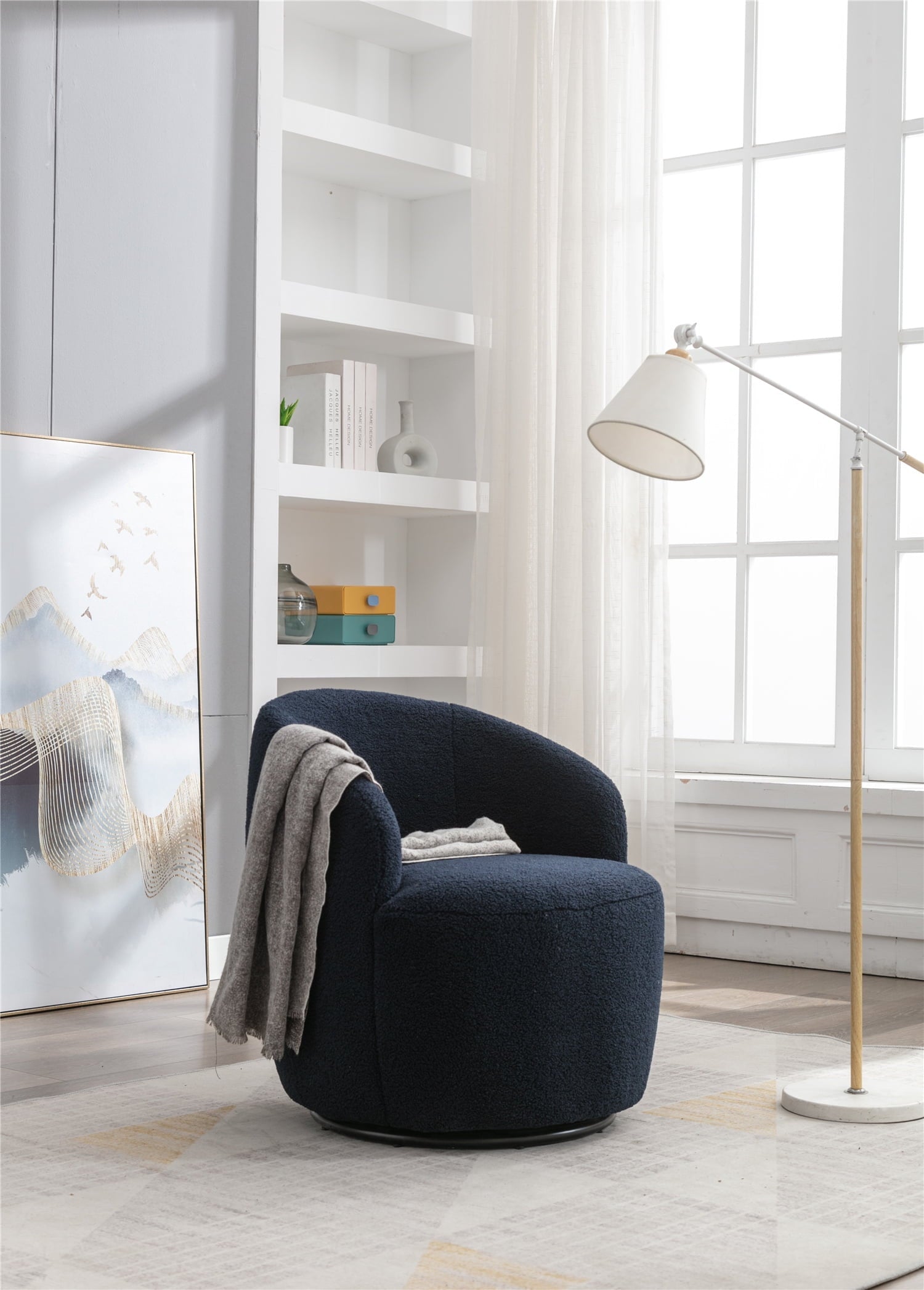Swivel Barrel Chair, Modern Teddy Fabric Swivel Accent Barrel Chair Armchair, Upholstered Cozy Club Chairs Sofa Arm Chair for Nursery, Bedroom, Office, Hotel, Dark Blue
