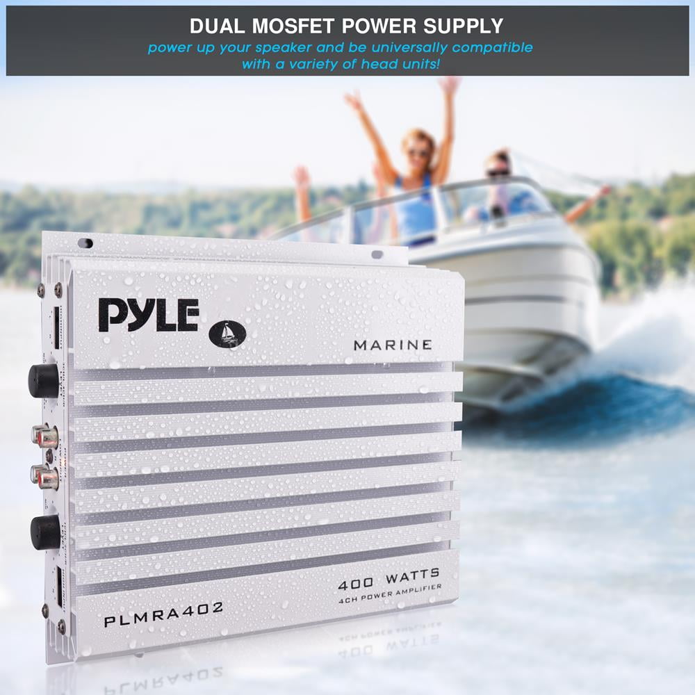Pyle Hydra Marine Amplifier - Upgraded Elite Series 400 Watt 4 Channel Audio Amplifier - Waterproof, Dual MOSFET Power Supply, GAIN Level Controls, RCA Stereo Input & LED Indicator - PLMRA402