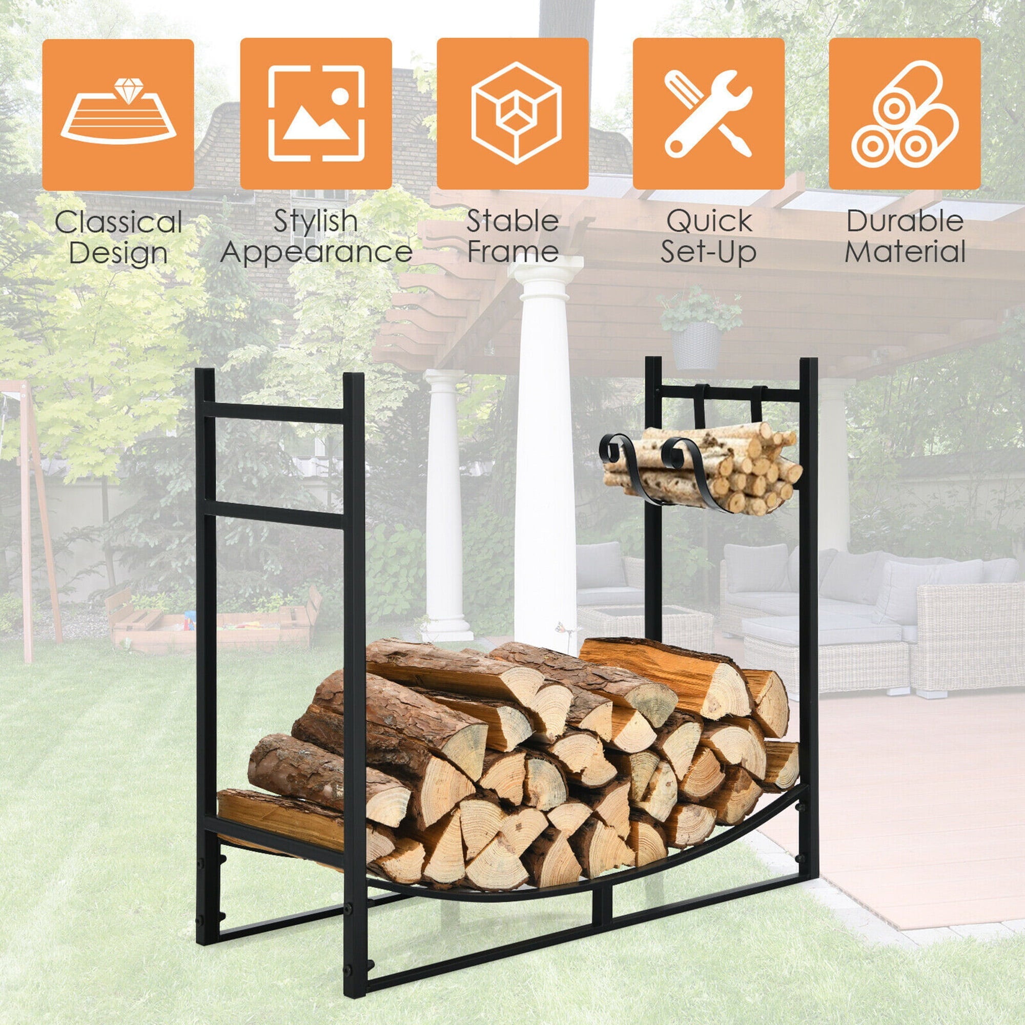 Gymax 33'' Firewood Rack W/ Removable Kindling Holder Steel Fireplace Wood