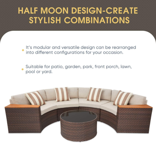 5-Piece Patio Sectional Furniture Patio Half-Moon Set Brown Wicker Curved Outdoo