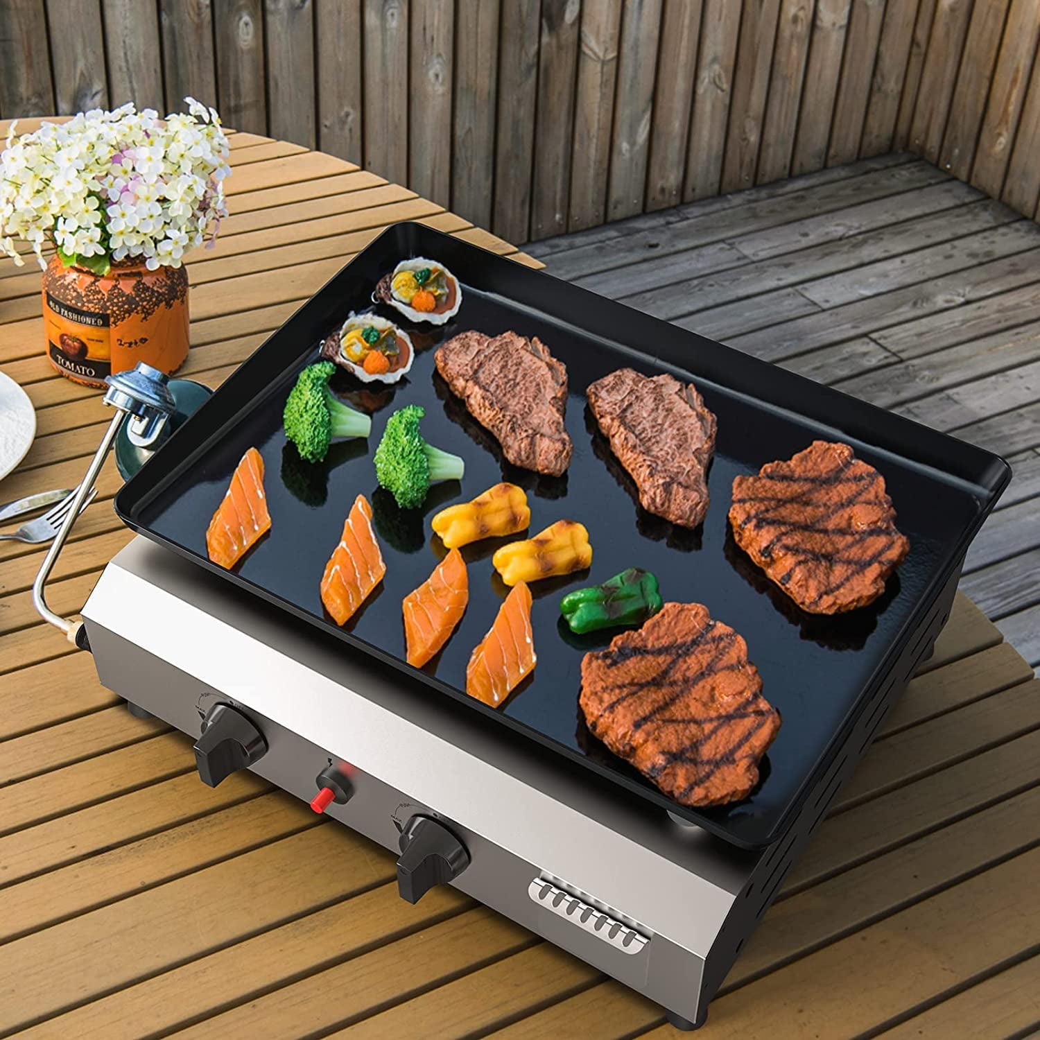 2/3/4 Burner Gas Griddle-Outdoor Propane Griddle-BTU Propane Fuelled, Portable Flat Top Gas Grill Camping Griddle Station with Side Shelves for Kitchen