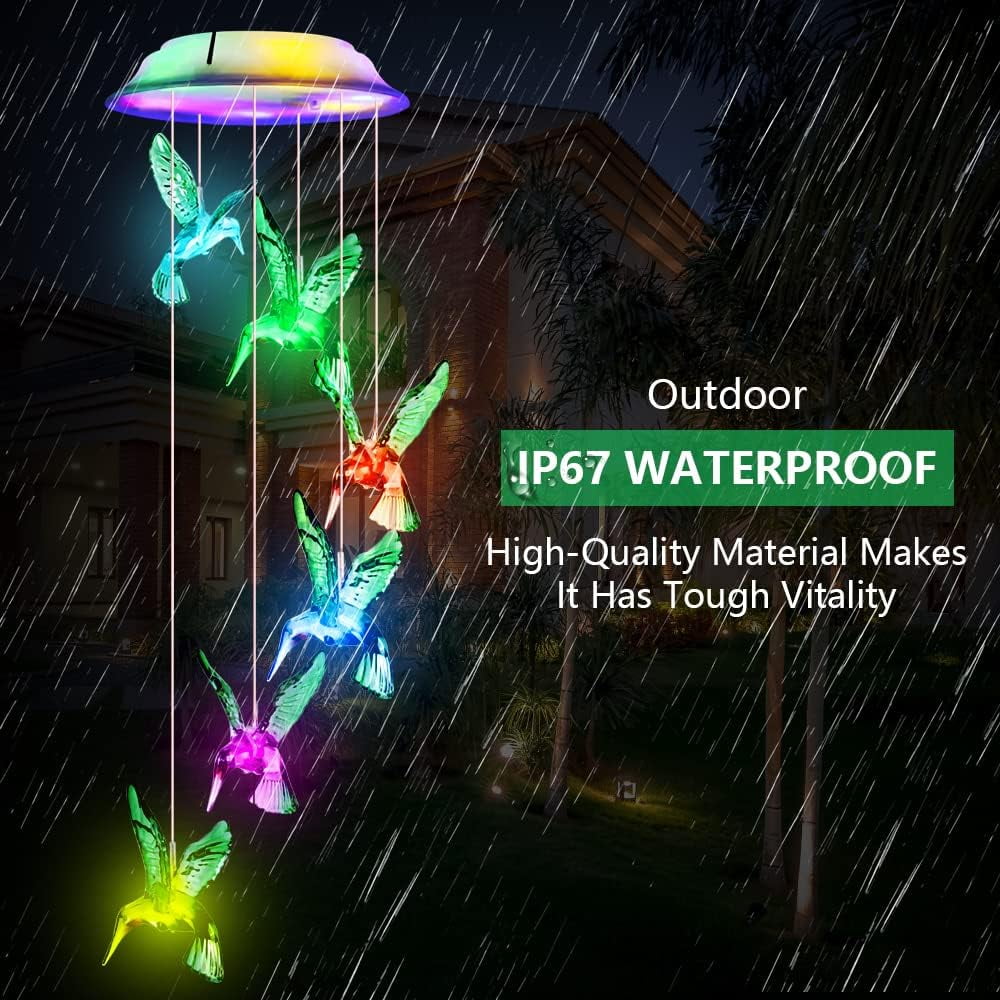 Qoosea Solar Hummingbird Wind Chimes, Color Changing Solar Garden Lights Outdoor Waterproof LED Hanging Light Wind Chime Lights Gifts for Christmas Garden Decoration