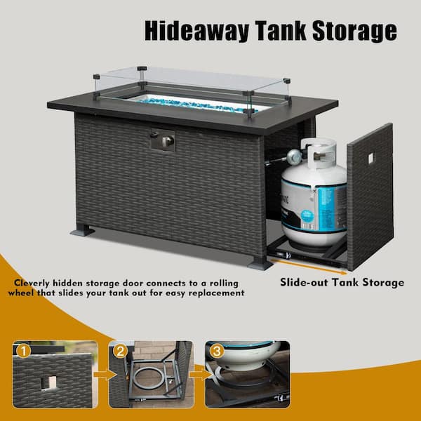 Dark Gray Rectangle Steel 43.31 in. 50000 BTU Propane Fire Pit Table with Glass Wind Guard and ETL-Certified