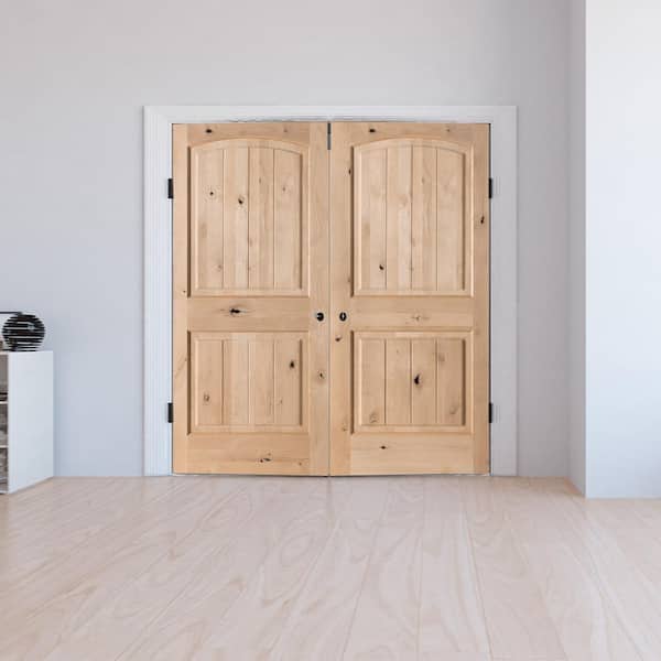 48 in. x 80 in. Rustic Knotty Alder 2-Panel Arch Top VG Both Active Solid Core Wood Double Prehung Interior French Door