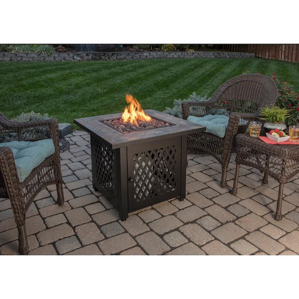 30 in. W Steel Frame Slate Tile Mantel LP Gas Fire Pit with Electronic Ignition and Lava Rock