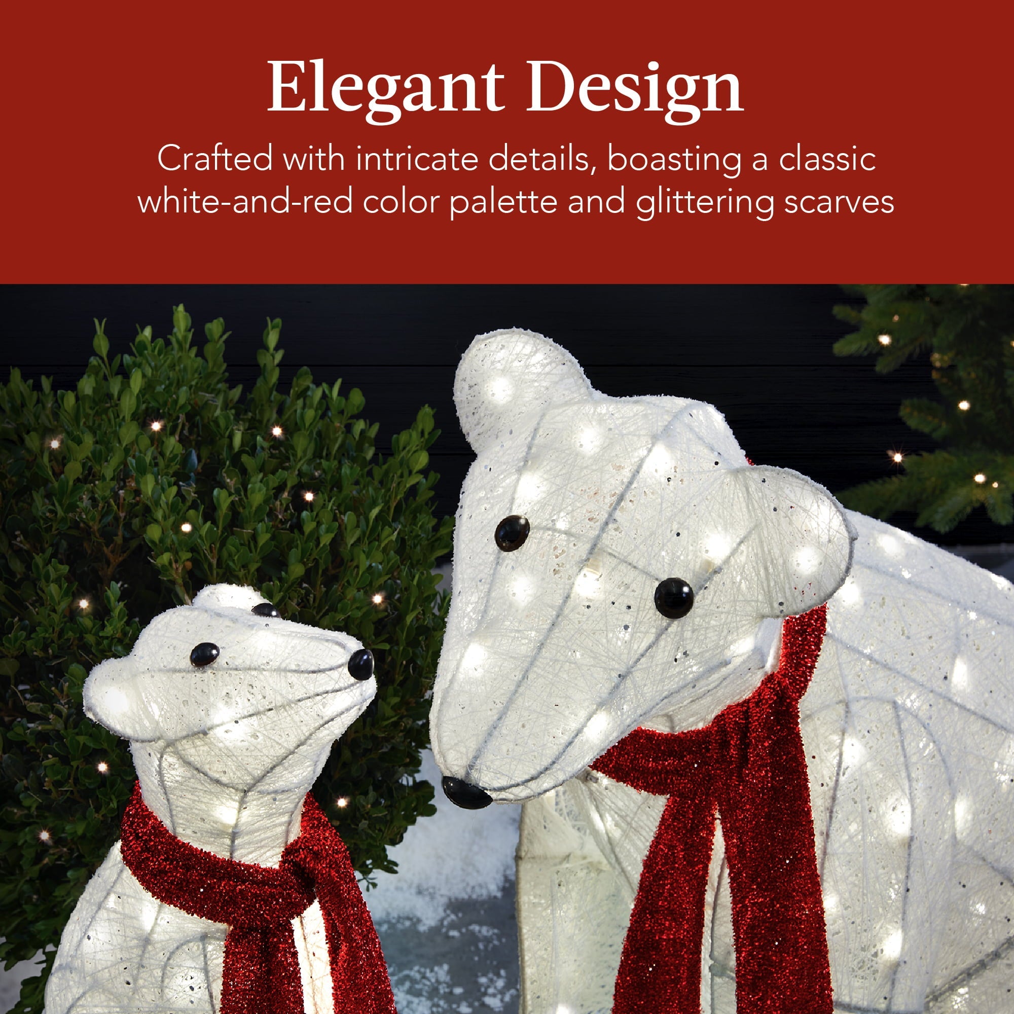 Best Choice Products Large Lighted Polar Bear Family w/ 145 Pre-Strung LED Lights, Zip Ties, Ground Stakes - Red/White