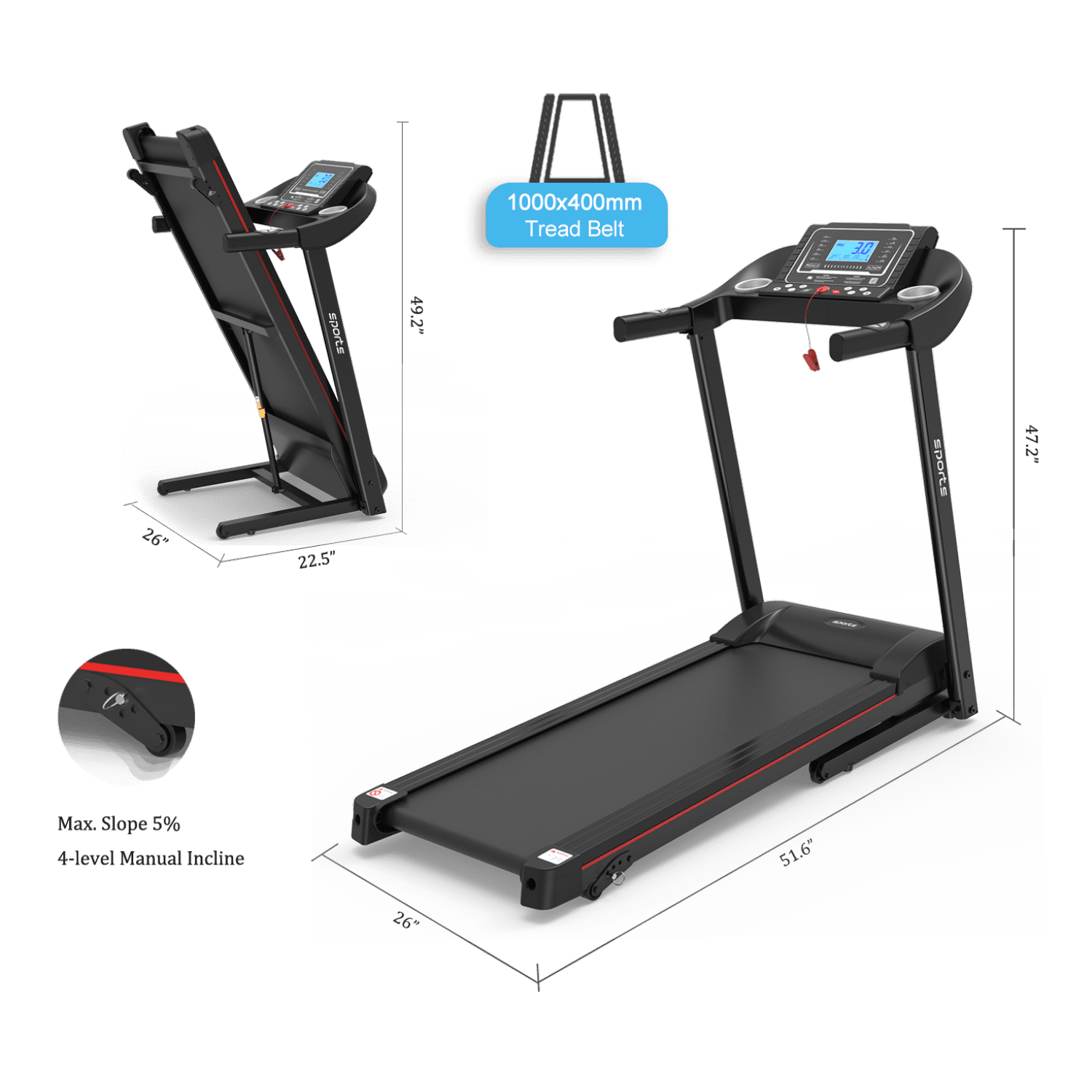 2.5HP Folding Treadmill With Incline 5 inch LCD Screen 12 Preset or Adjustable Programs Bluetooth Speaker Jogging Running Walking Exercise Machine,Max Weight 300lb
