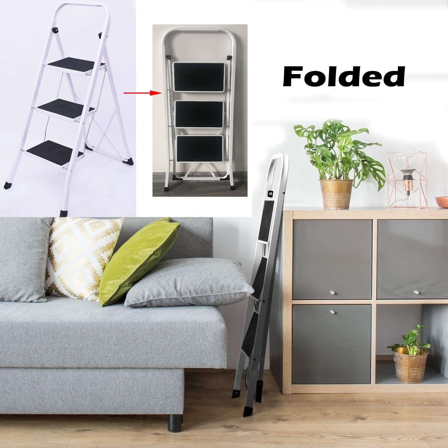 Bowoshen 3 Step Heavy Duty Non-Slip Tread Folding Compact Safety Step Ladder Stepladder