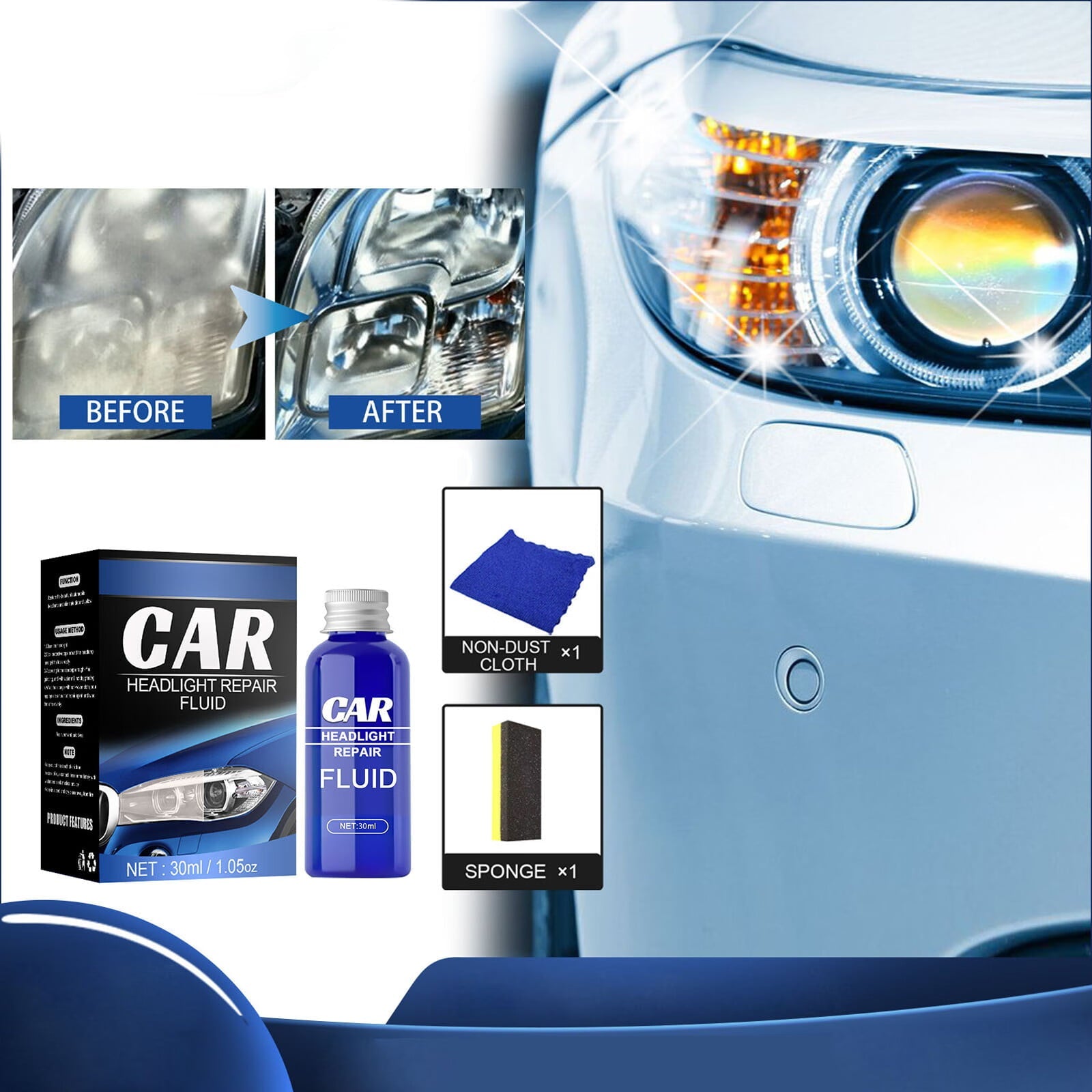 George Headlight Cleaner Headlight Kit Liquid Cleaning10/30/50ML Car Polish Renewals Headlight Cleaning Supplies Set Of Solution With Sponge CCoth