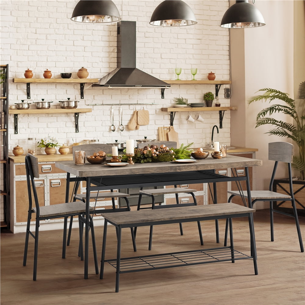 Easyfashion Dining Table Set with 4 Chairs and 1 Bench, Drift Brown