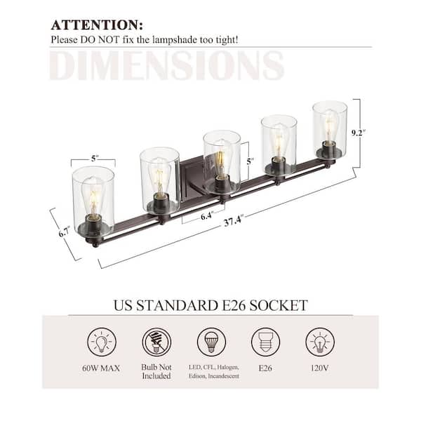 Farmhouse 37.4 in. 5-Light Oil Rubbed Bronze Bathroom Vanity Light with Clear Glass Shades