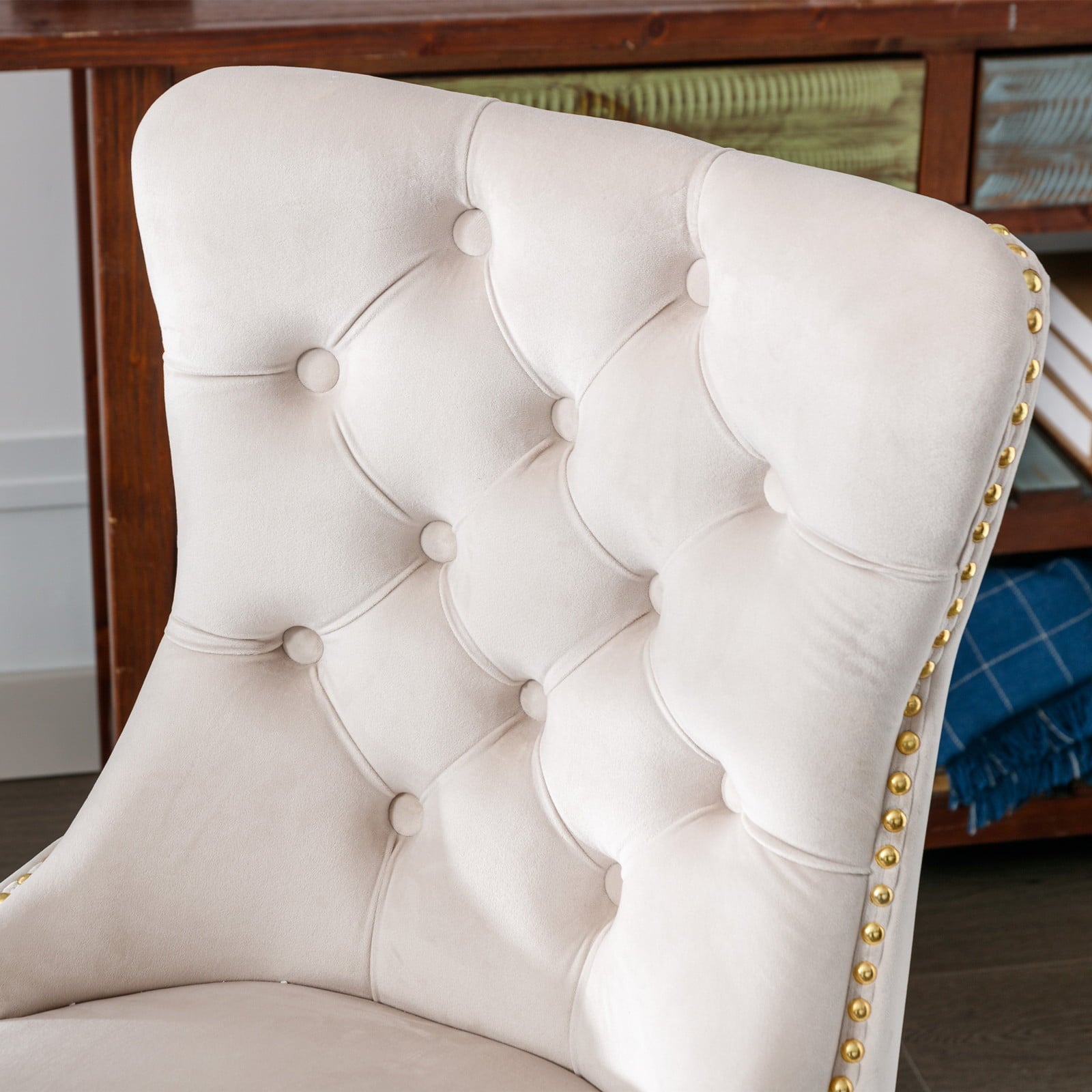 BTMWAY Office Chair, Velvet Upholstered Tufted Button Home Office Chair with Golden Metal Base, Adjustable Height, Swivel Ergonomic Task Chair, Luxury Desk Chair Computer Chair, Beige