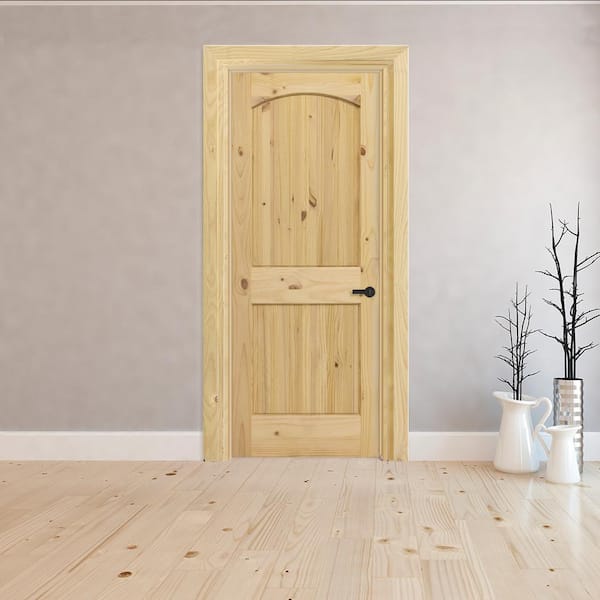 36 in. x 80 in. Universal 2-Panel Archtop Unfinished Knotty Pine Wood V-Groove Interior Door Slab