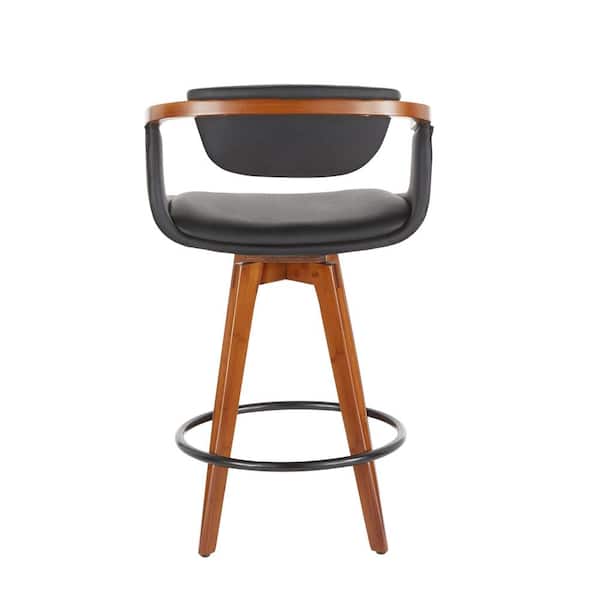 Oracle 26 in. in Black Faux Leather and Walnut Mid-Century Modern Counter Stool