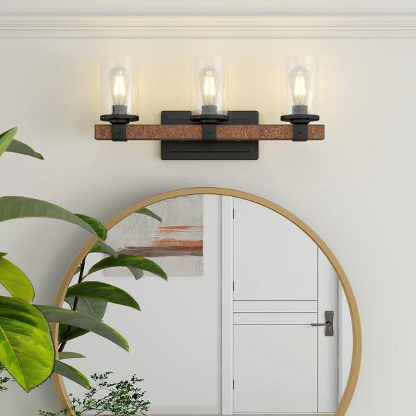 22 in. 3 Light Barn Wood and Matte Black Vanity Light with Clear Seeded Glass
