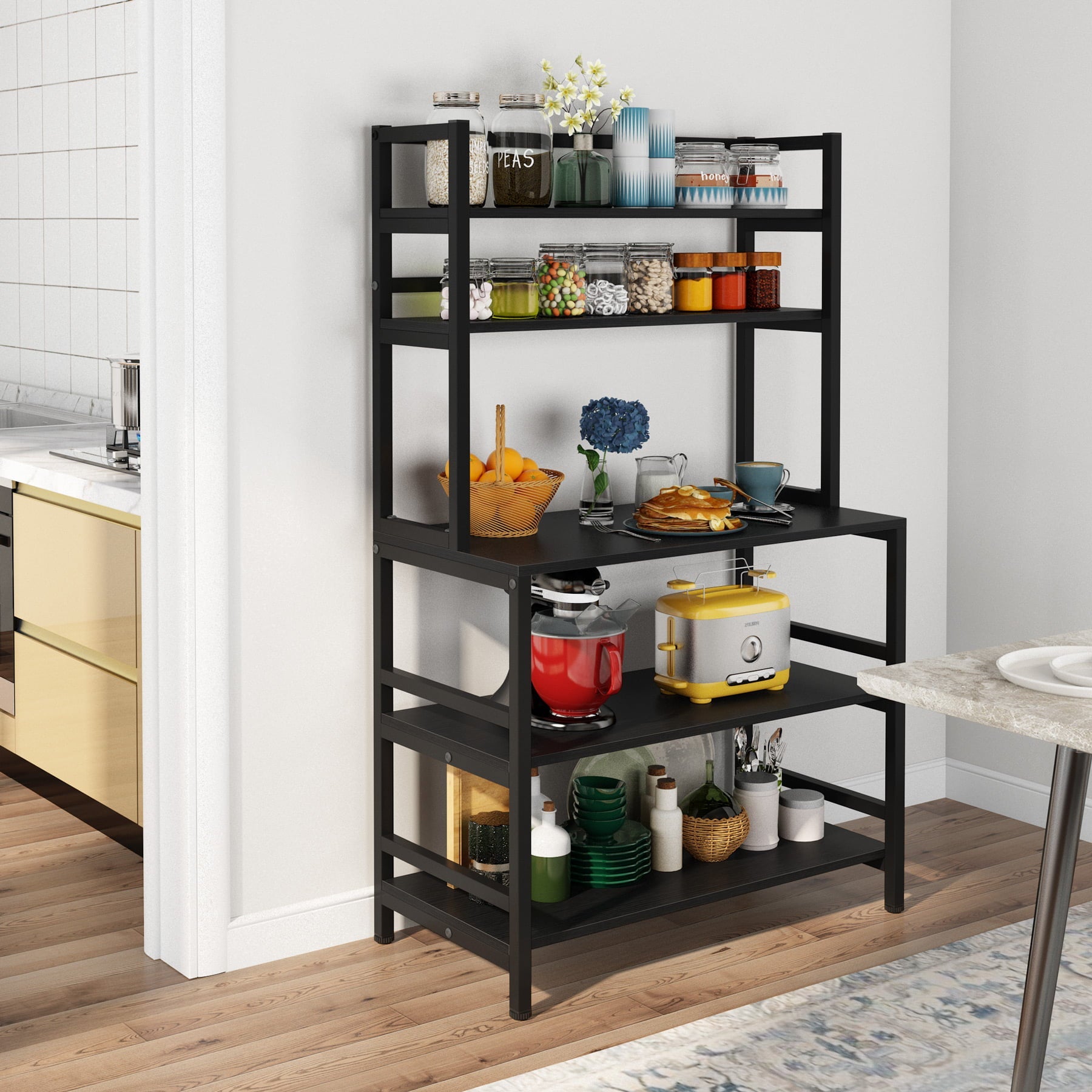 Tribesigns Kitchen Bakers Rack, Industrial 5-Tier Wood Kitchen Utility Storage Shelf Organizer, Black