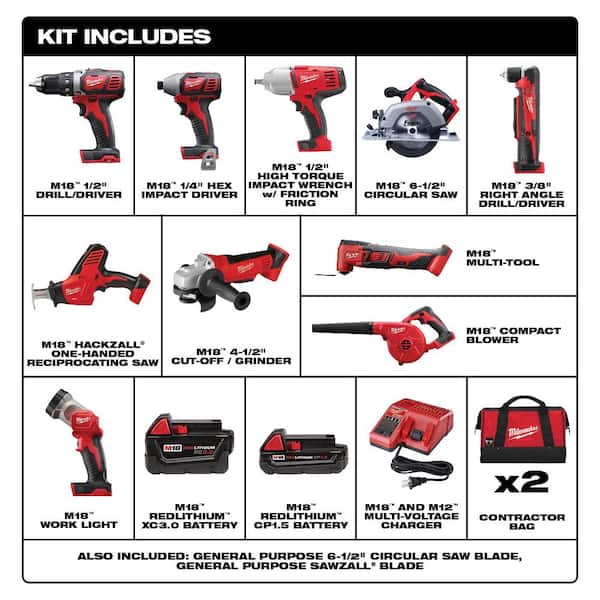 M18 18V Lithium-Ion Cordless Combo Kit (10-Tool) with (2) Batteries, Charger and (2) Tool Bags