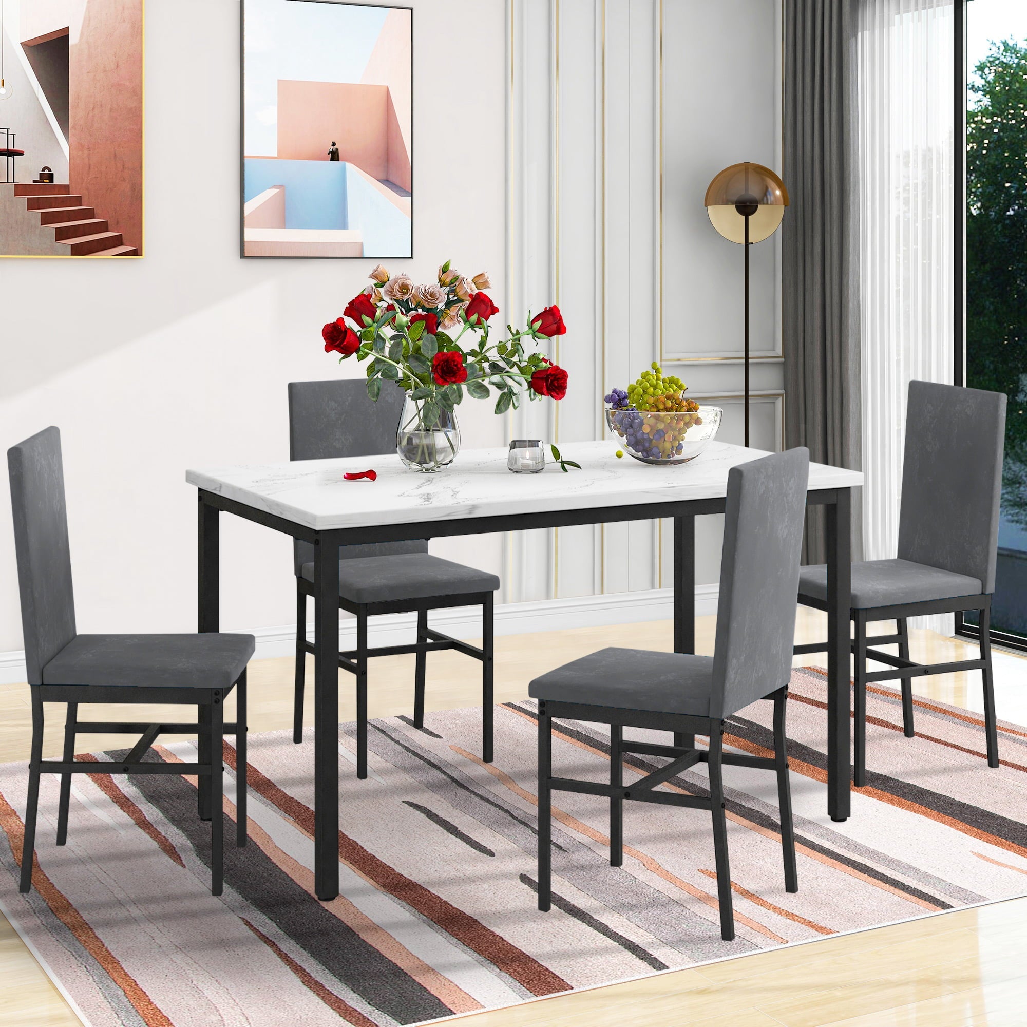 Paproos Dining Table Set for 4, Modern 5-Piece Kitchen Table Set with Marble Top and Velvet Upholstery Chairs, Heavy Duty Dinette Sets for Breakfast Nook, Dining Room Table and Chairs, Gray