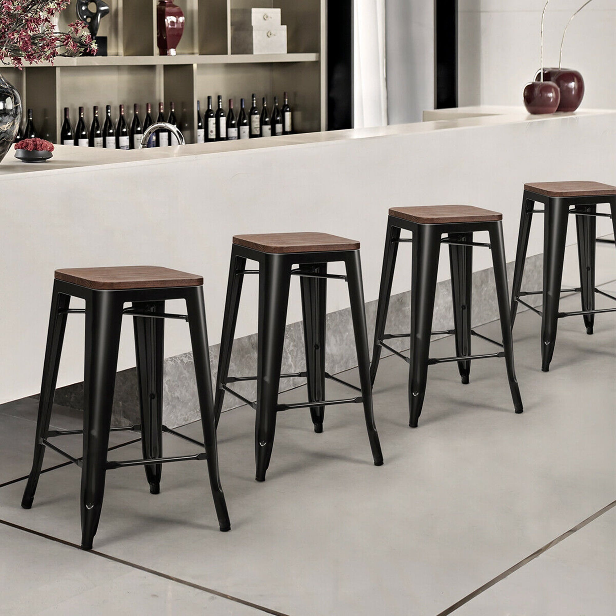 Gymax Set of 4 Counter Height Backless Barstool 26'' Metal Stackable Stool w/Wood Seat