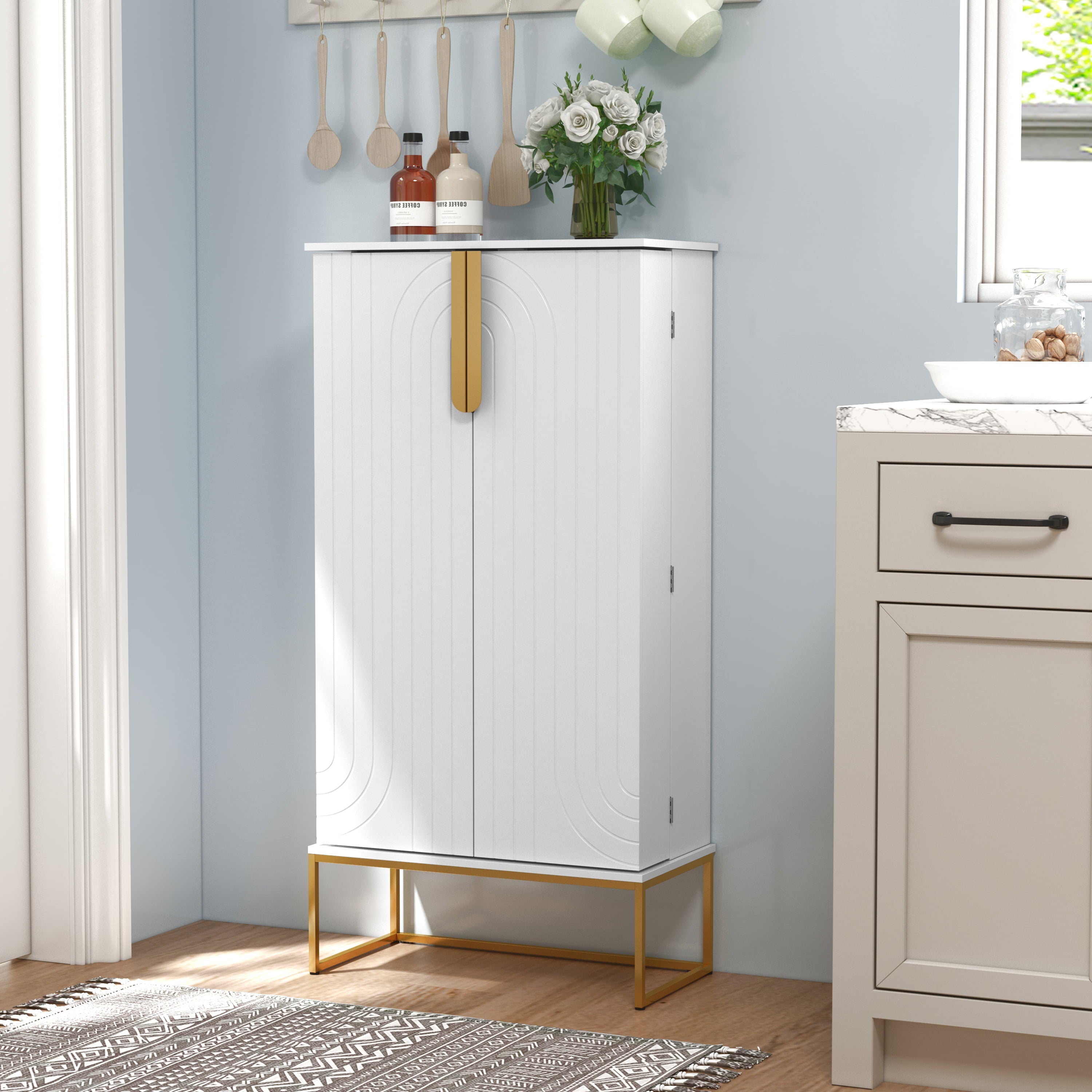 HLR 46 inches White Pantry Cabinets, Kitchen Pantry with Doors and Shelves for Kitchen, White Pantry Storage Cabinet with Black Metal Base for Living Room and Dining Room