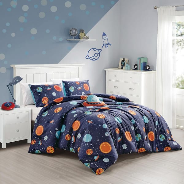 4 Piece Full/Queen Size Bedding Comforter Set, Ultra Soft Polyester Elegant Bedding Comforters-Navy with Universe Hearts