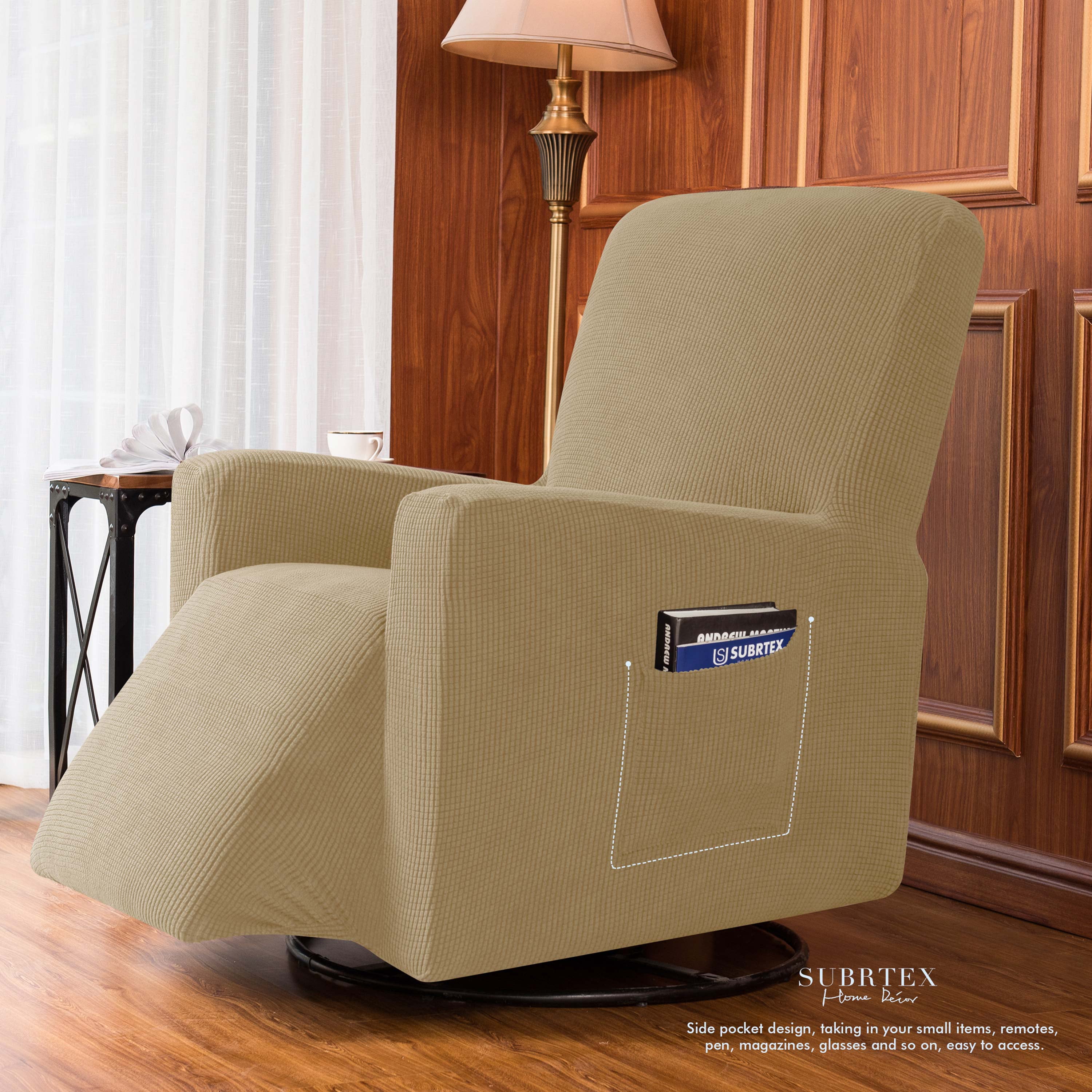 Subrtex Stretch 1-Piece Textured Grid Recliner Slipcover, Khaki