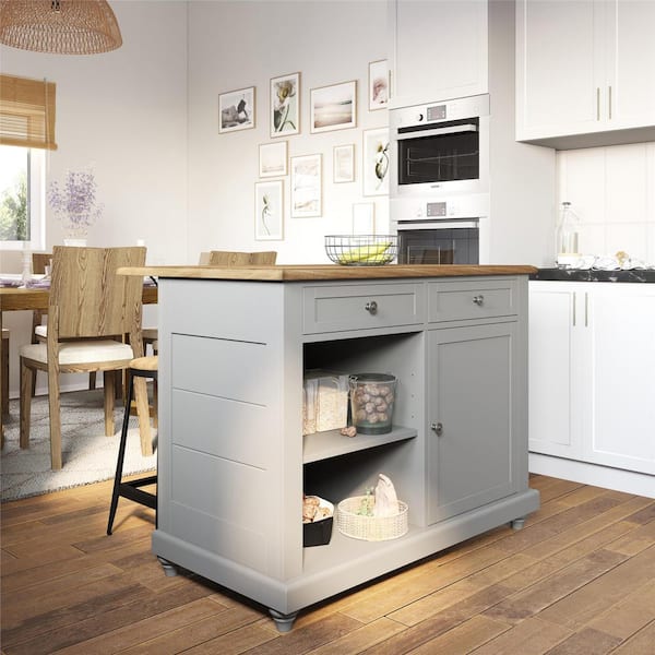 Lawton Gray Kitchen Island with 2-Stools