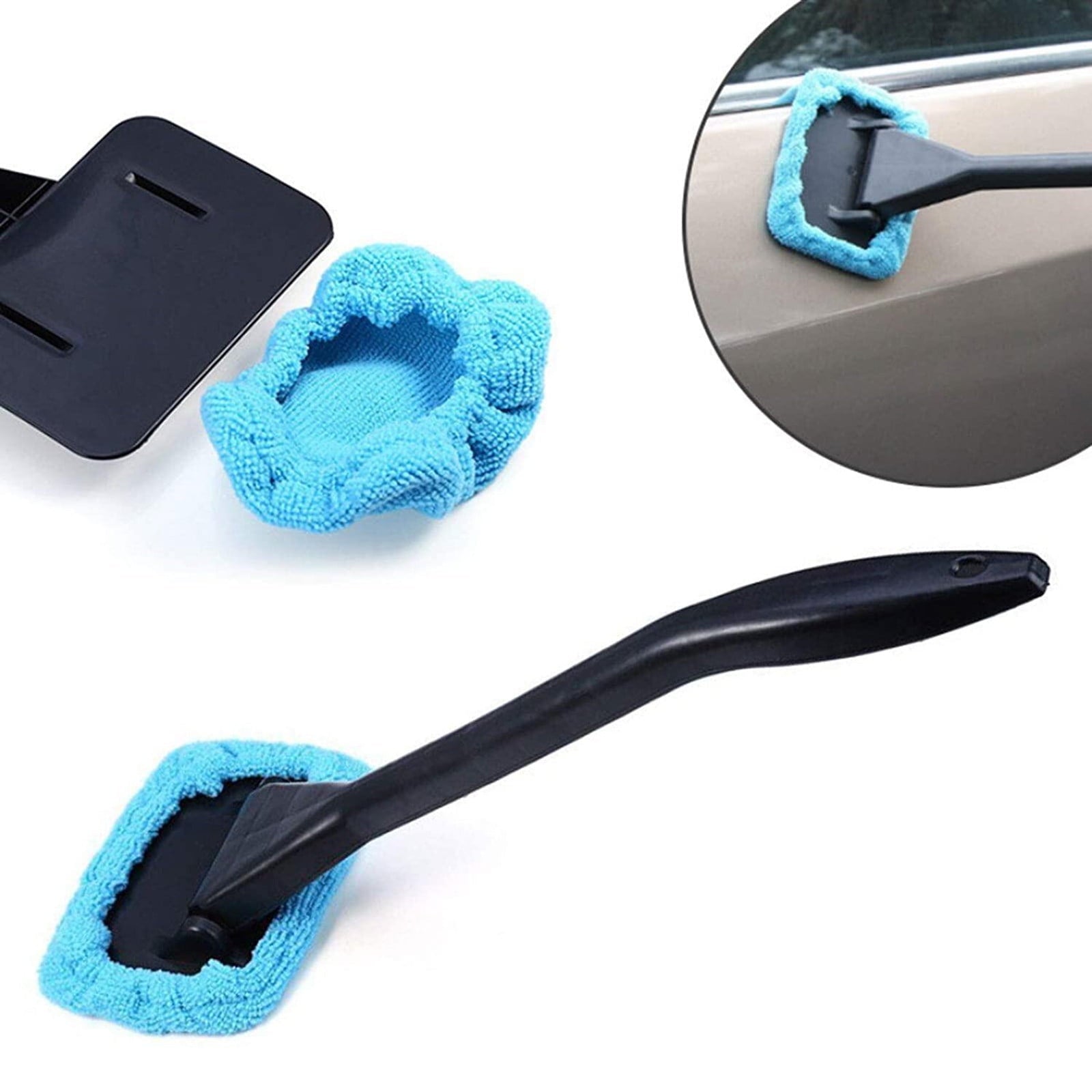 XMMSWDLA Car Window Cleaner, Windshield Cleaning Tool, Extendable Handle Brush Reusable Washable Microfiber Pads, Blue