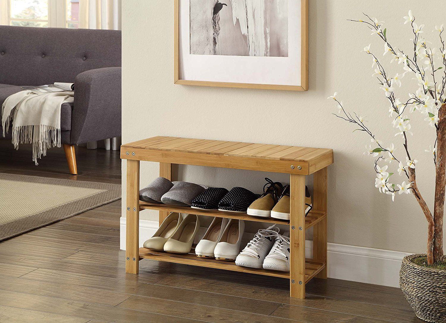 Ktaxon 2 Tier Hallway Shoe Bench Entryway Storage Natural Solid Bamboo Organizer Rack