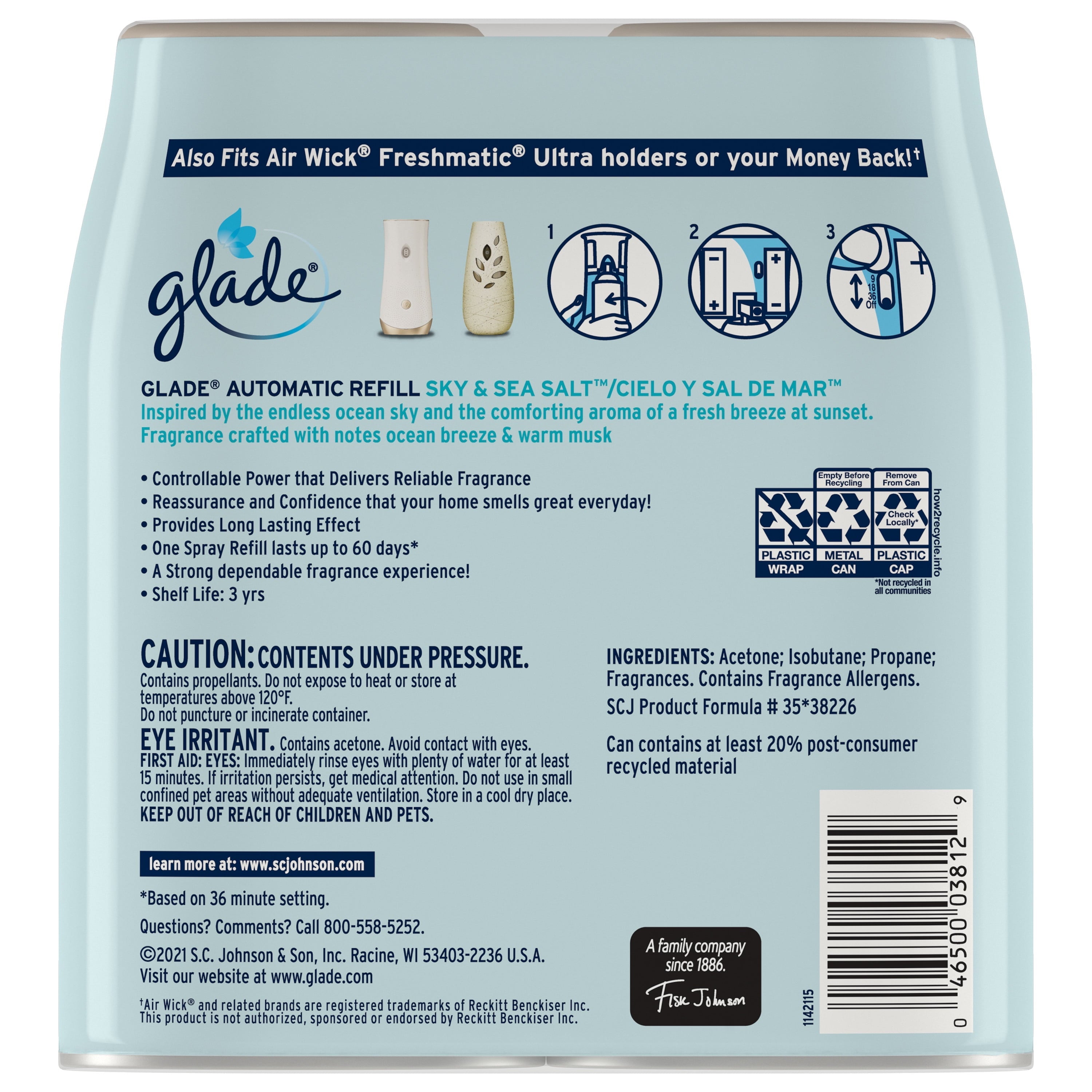 Glade Automatic Spray Refills, Air Freshener, Sky & Sea Salt, 6.2 Oz Each, Pack of 2