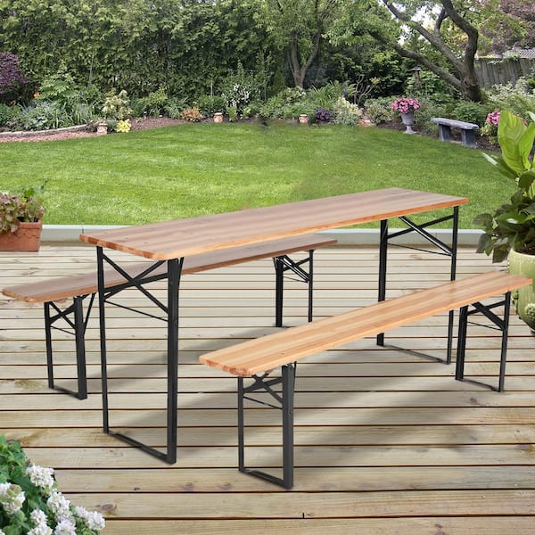 3-Piece Natural Rectangle Iron Solid Fir Wood Foldable Picnic Table Bench Set for Outdoor Gatherings