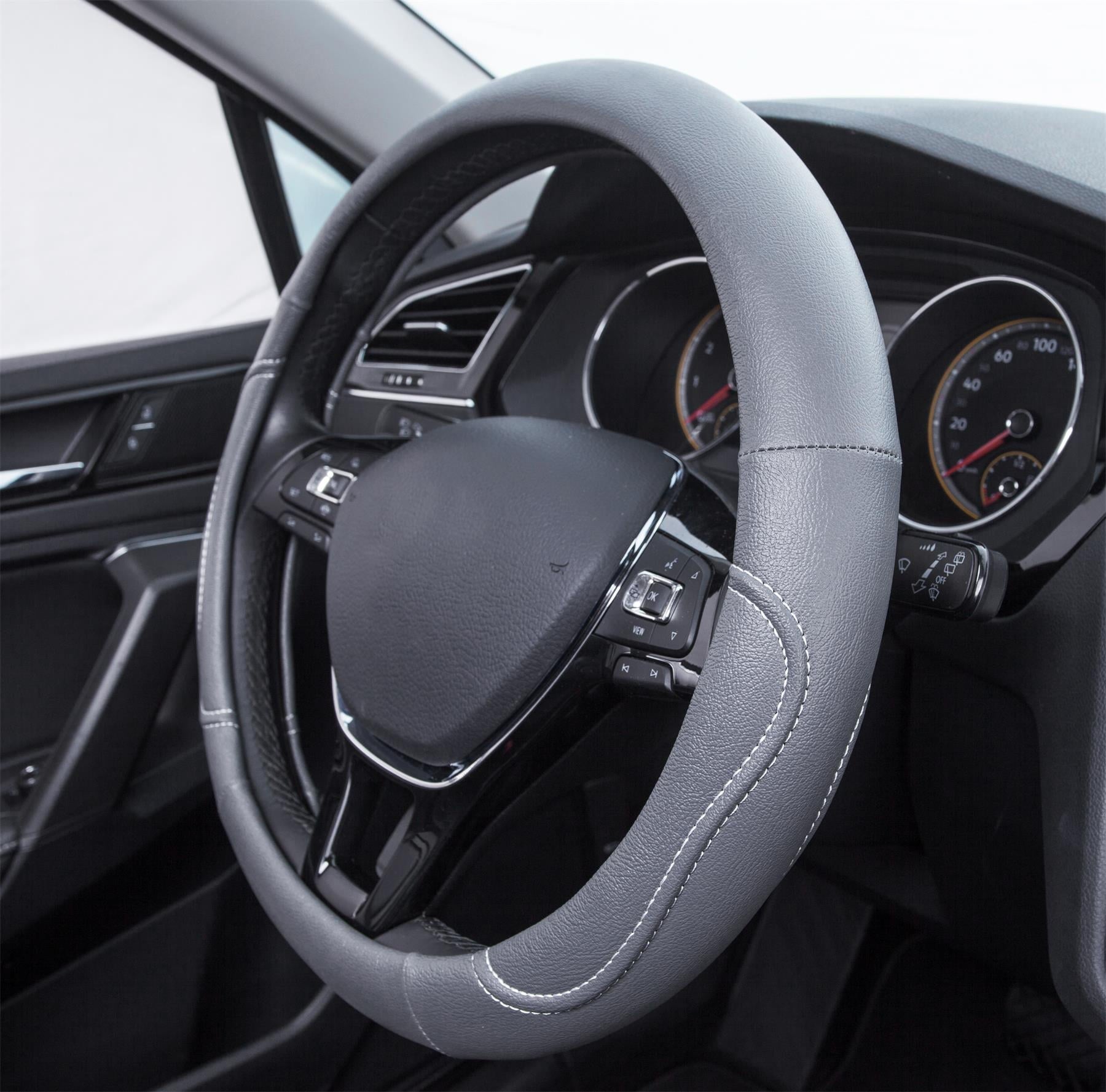 Auto Drive 1PC Steering Wheel Cover Country Leather Grey - Universal Fit, AD061716GR