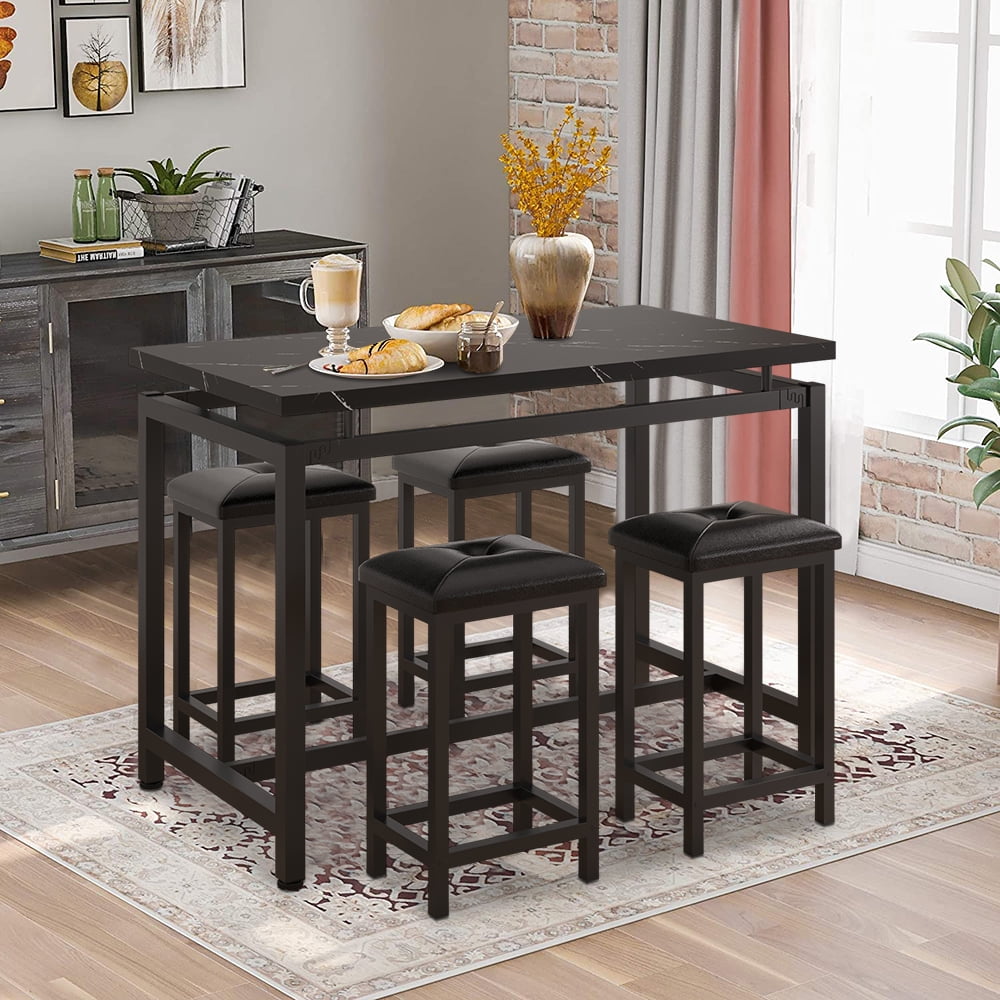 5 Piece Bar Table Set, Kitchen Counter Height Table with 4 Stools, Space Saving Pub Table Set for 4 Person with Metal Frame, Wood Dining Table & Chair Set for Breakfast Nook Pub Bistro, B945
