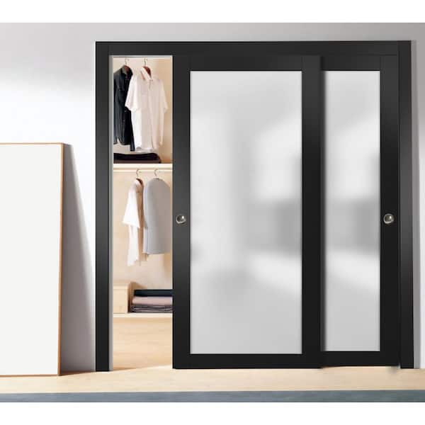 72 in. x 80 in. 1-Panel Black Finished Solid Wood Sliding Door with Bypass Hardware